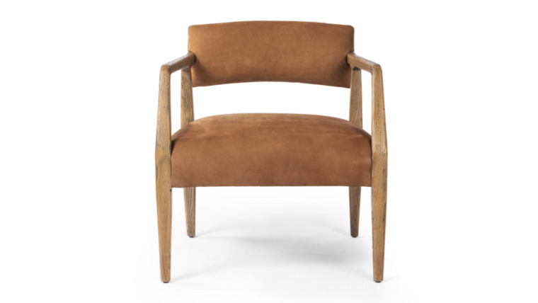 Velour & Wood Arm Chair - Cognac